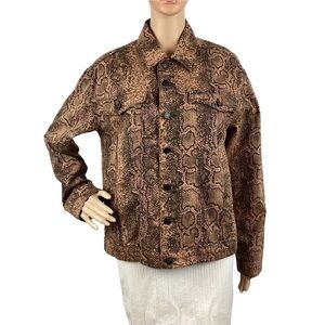 Free People Denim Trucker Jacket Size S Snake Print Brown